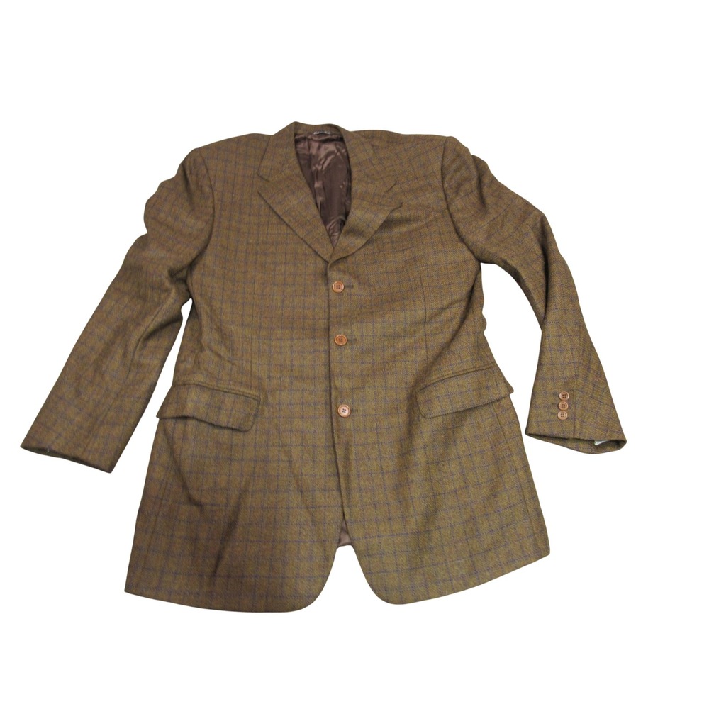 Canali Mens Brown Blue Windowpane Wool Sport Coat Blazer Made in Italy Size 52 L